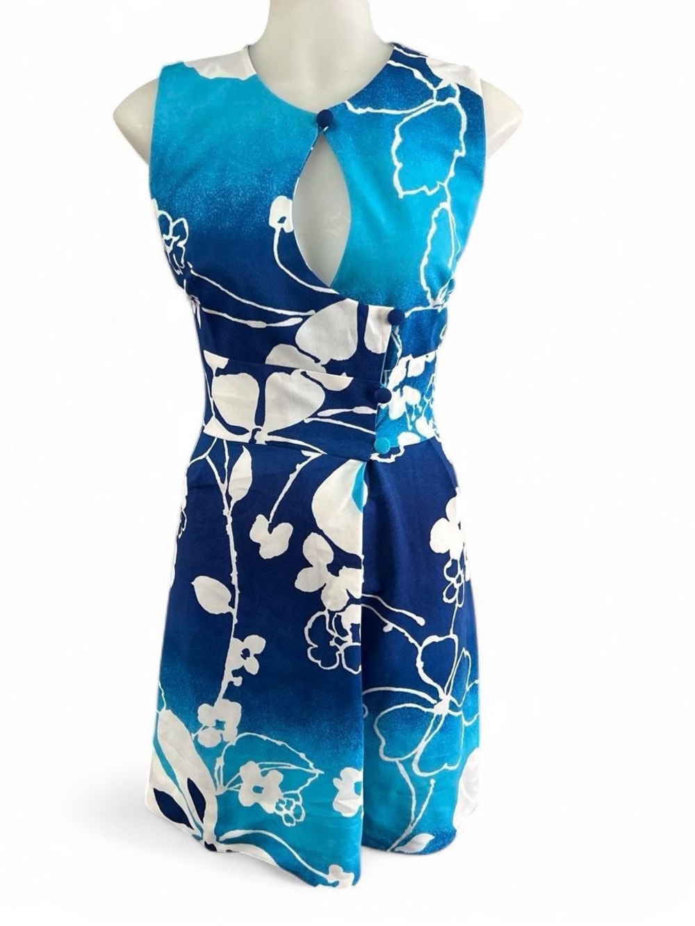 Blue Floral Keyhole Sleeveless Dress